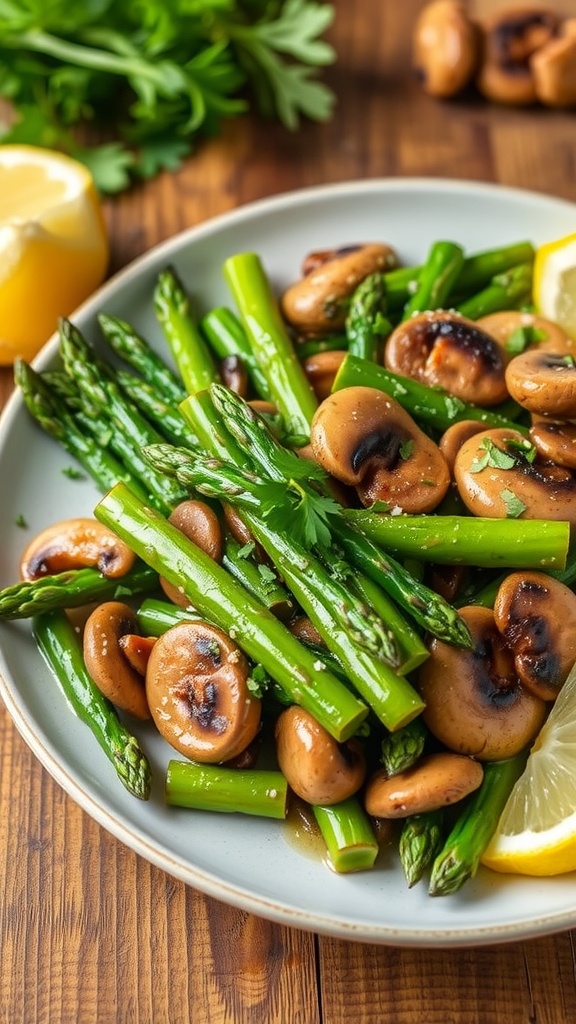 Sautéed asparagus and mushrooms with garlic butter on a rustic wooden table.